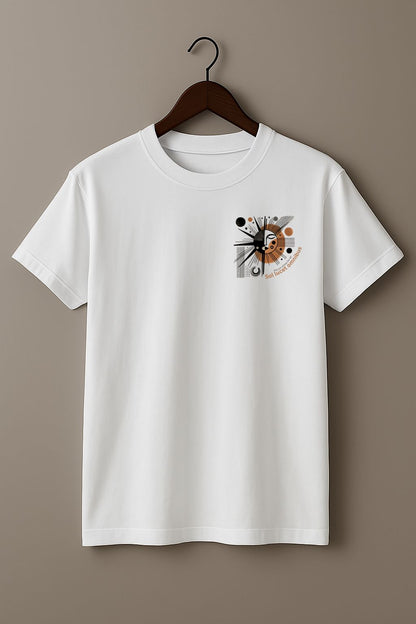 White t-shirt with a graphic design with sun-like symbol and text 'Sol lucet omnibus' (The sun shones for all)  on a hanger against a beige background