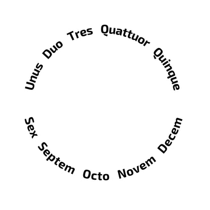 Enlarged design of circular arrangement of Latin numerals from 'Unus' to 'Decem' on a white background