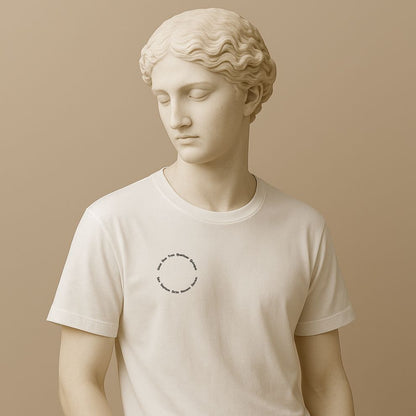 Statue wearing a white t-shirt with a circular design of the Latin numbers on a beige background