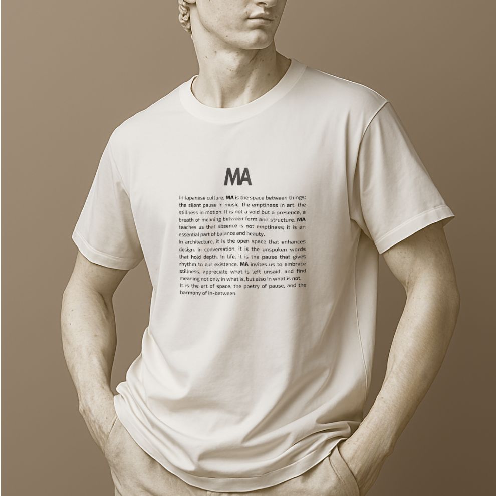Statue wearing a white t-shirt with text MA on a beige background