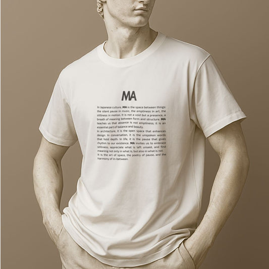 Statue wearing a white t-shirt with text MA on a beige background
