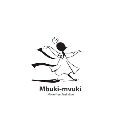 Graphic of Mbuki-mvuki with a stylized figure and text on a white background.  Enlarged design for a minimalist T-shirt