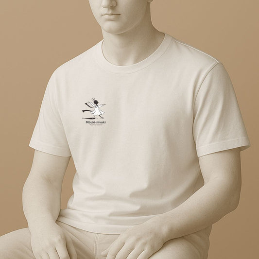 Statue wearing a white t-shirt with the African word Mbuki-mvuki and a tiny fantasy dancing mascot graphic on a beige background