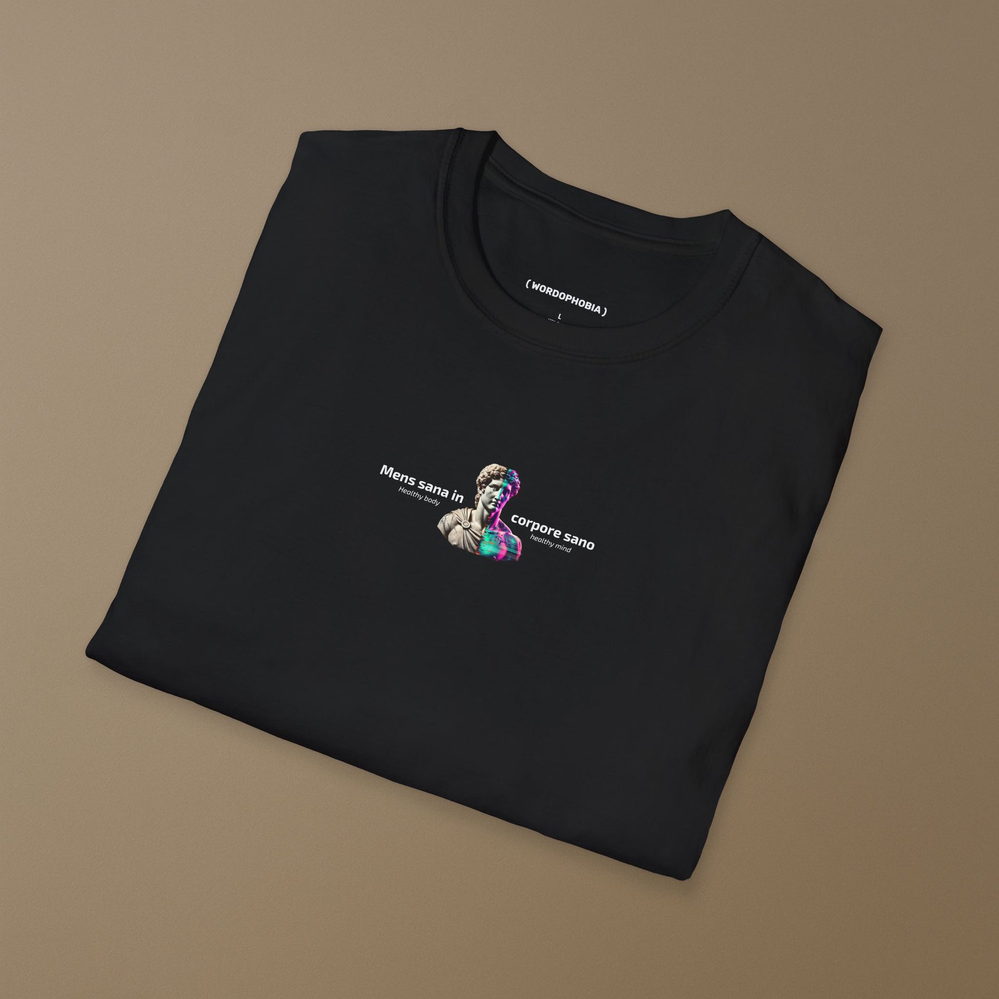 Folded black T-shirt with the Latin phrase Mens Sana in Corpore Sano