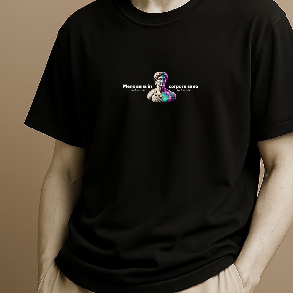Minimalist Latin black T-shirt with phrase Mens Sana in Corpore Sano on the Roman statue