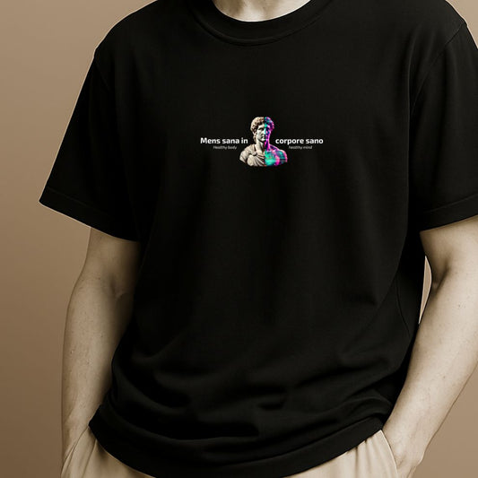 Minimalist Latin black T-shirt with phrase Mens Sana in Corpore Sano on the Roman statue