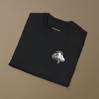 Folded black t-shirt  with the design of the cloud with 'Mirabile dictu' and 'Amazing to say' text on a beige background