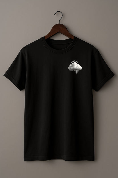Black t-shirt with a white cloud design and 'Mirabile dictu' and 'Amazing to say' text on a wooden hanger against a beige wall