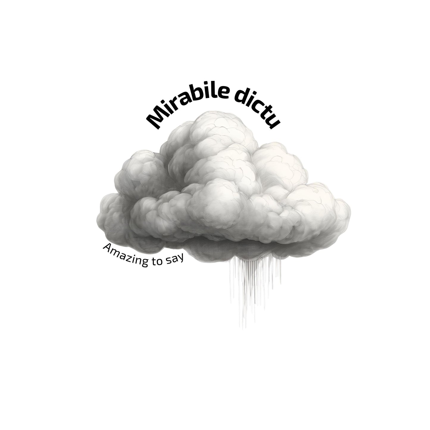 Enlarged design of the cloud with 'Mirabile dictu' and 'Amazing to say' text on a white background