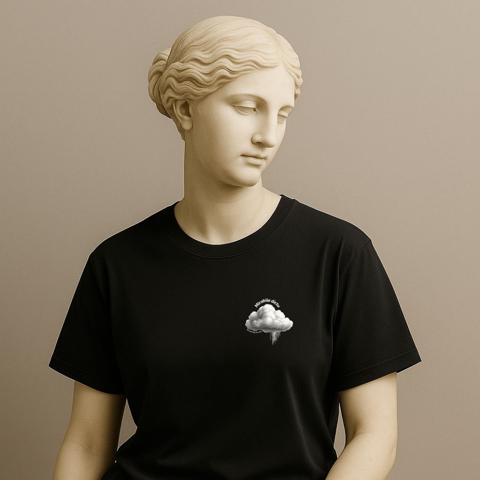 Statue wearing a black t-shirt with a cloud design and text "Mirabile dictu" on a beige background