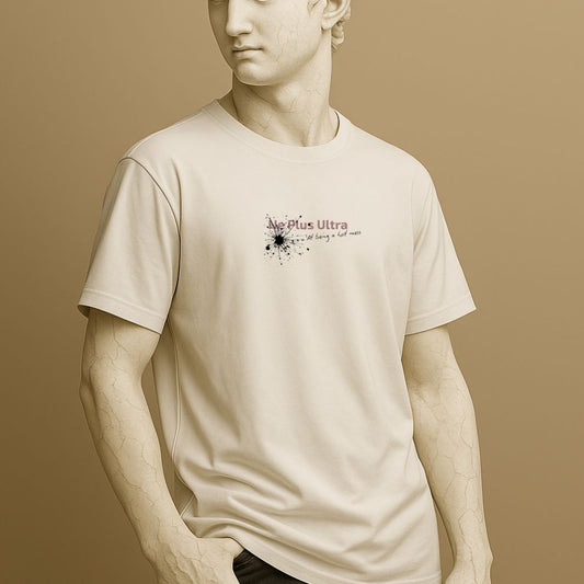 Minimalist T-shirt with Latin phrase Ne Plus Ultra at Being a Lot Mess in modern text design on the Roman statue. 