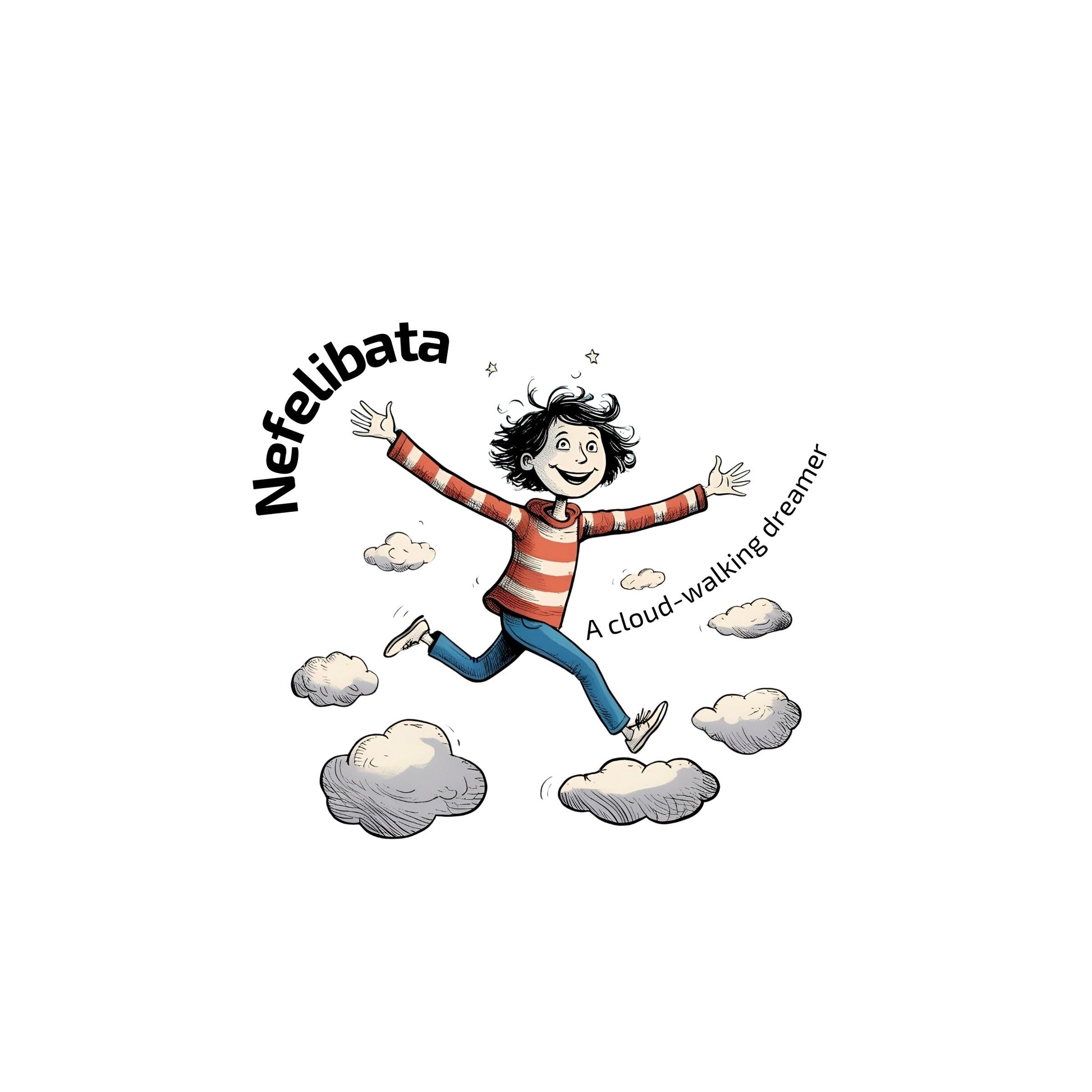 Enlarged design of a funny child running on clouds with 'Nefelibata' text and phrase "A cloud-walking dreamer"