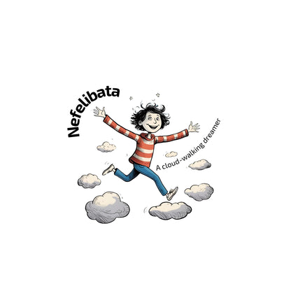 Enlarged design of a funny child running on clouds with 'Nefelibata' text and phrase "A cloud-walking dreamer"