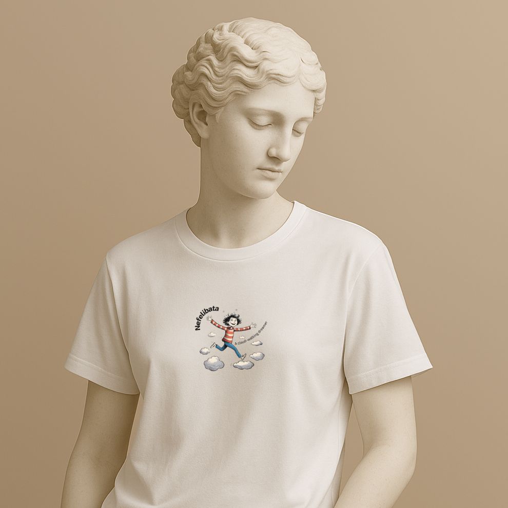 Statue wearing a white t-shirt with a graphic design of funny girl running on the clouds on a beige background