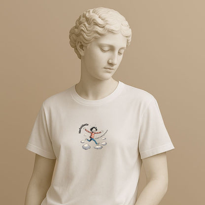 Statue wearing a white t-shirt with a graphic design of funny girl running on the clouds on a beige background
