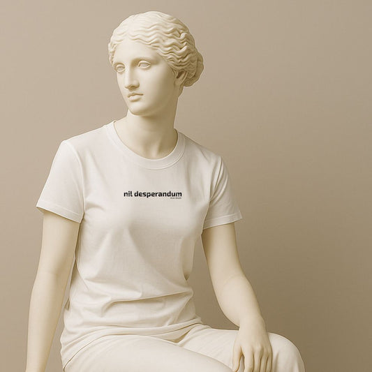Ancient statue wearing a minimalist white T-shirt with the Latin phrase “Nil Desperandum,” meaning “Never Despair,” printed in cracked typeface.