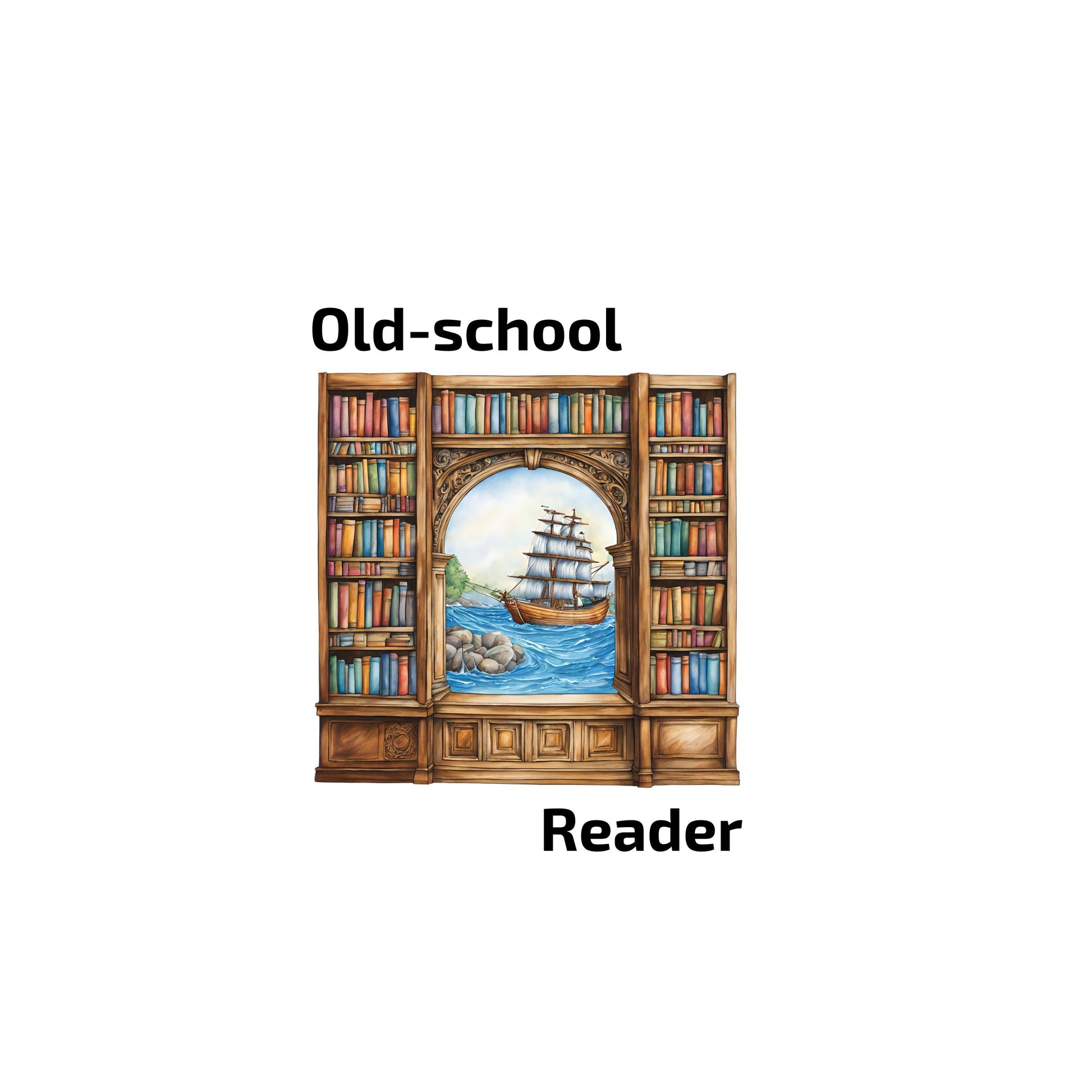 Enlarged design of t-shirt with wooden bookshelf with books and a ship illustration, labeled 'Old-school Reader' on a white background.