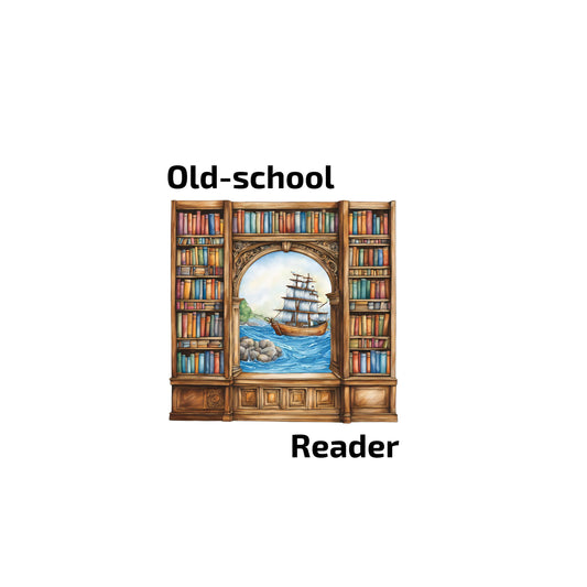 Enlarged design of t-shirt with wooden bookshelf with books and a ship illustration, labeled 'Old-school Reader' on a white background.