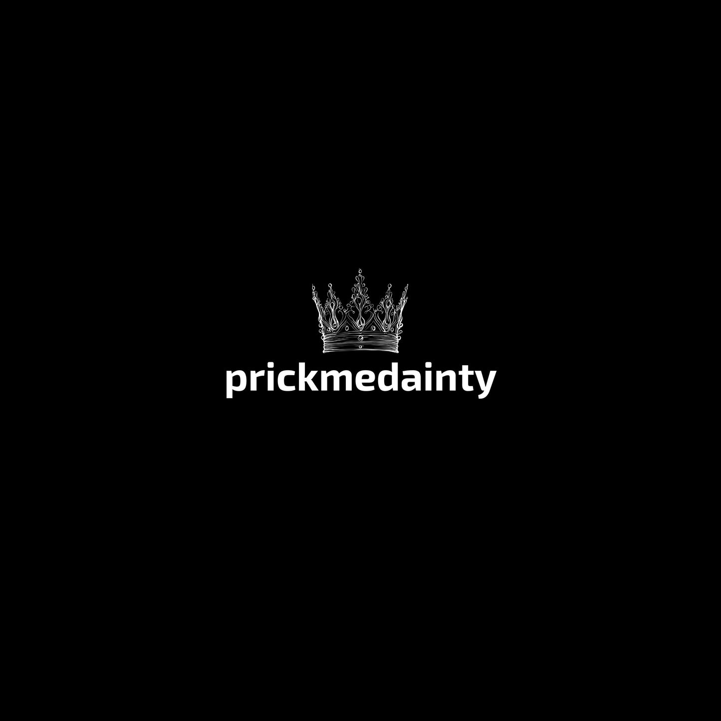 Enlarged design of a crown graphic with 'prickmedainty' text on a black background