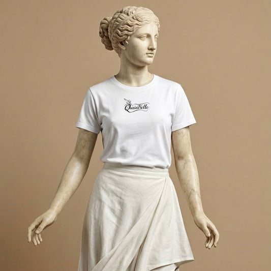 Statue wearing a white t-shirt with a word Quaintrelle, symbolizing elegant and intentional living, and silhouette of women on a beige background