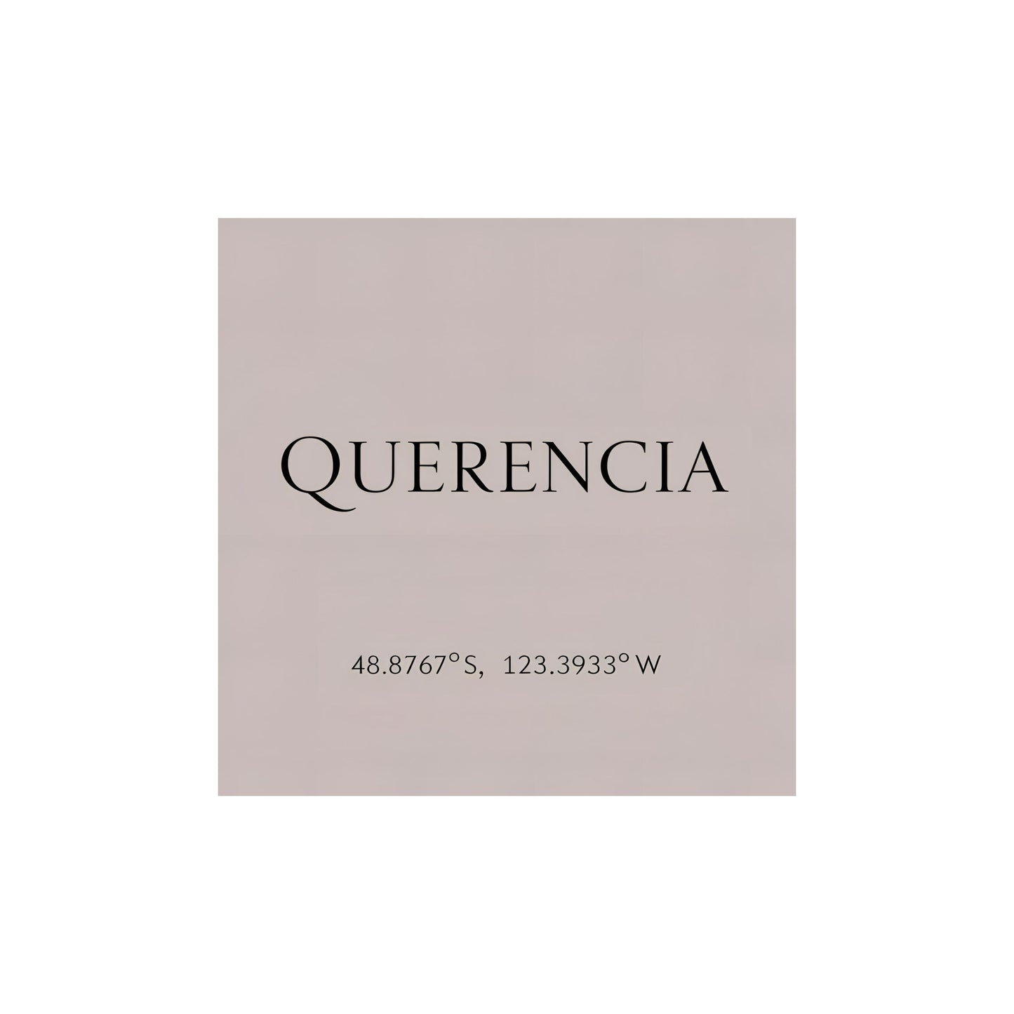 Enlarged design for T-shirt with a pink label of the name 'Querencia' and geographical coordinates  