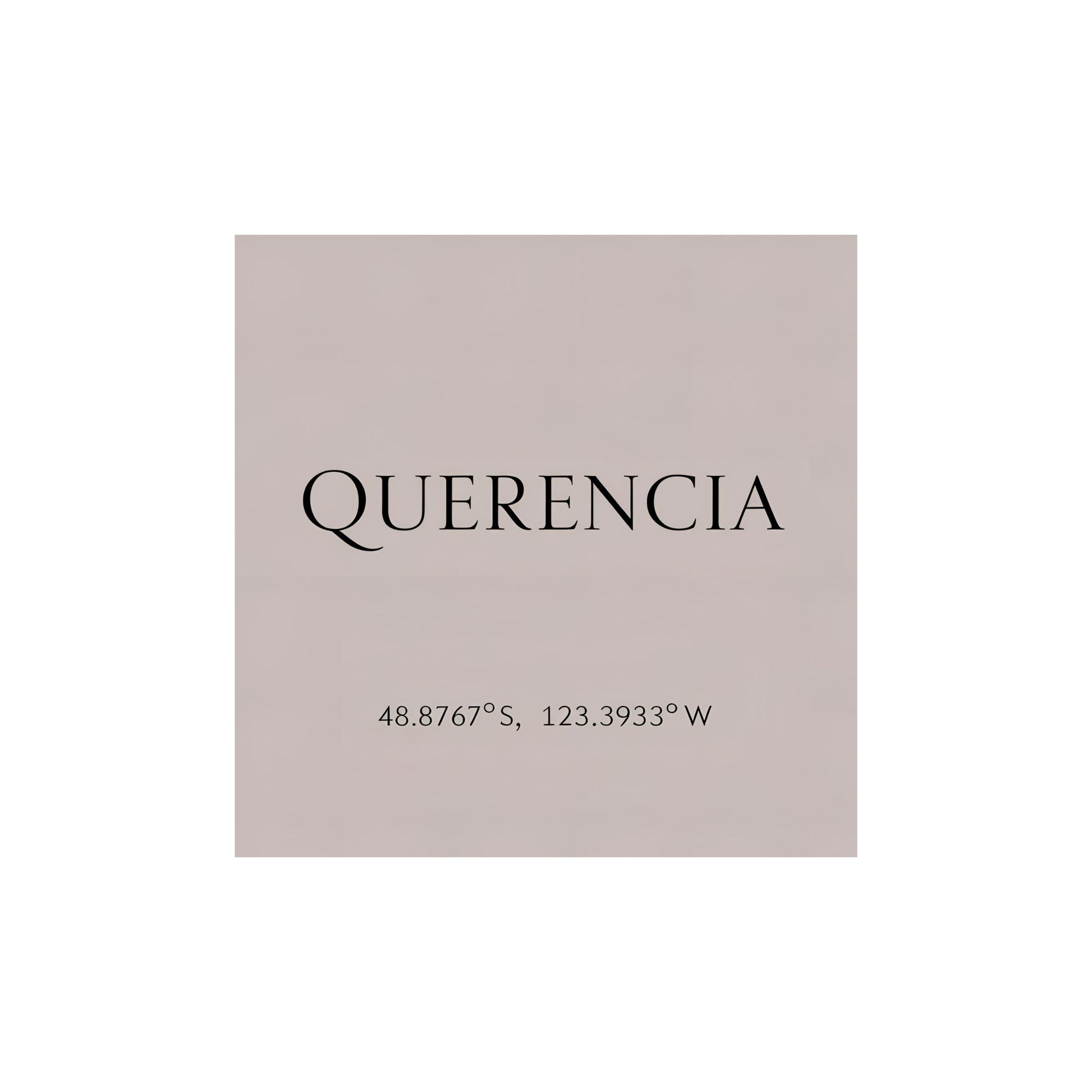 Enlarged design for T-shirt with a pink label of the name 'Querencia' and geographical coordinates  