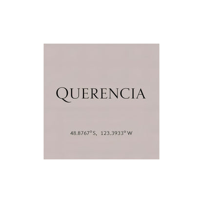 Enlarged design for T-shirt with a pink label of the name 'Querencia' and geographical coordinates  
