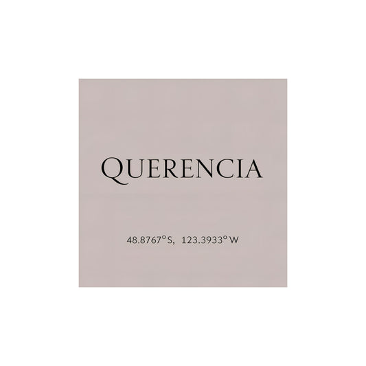Enlarged design for T-shirt with a pink label of the name 'Querencia' and geographical coordinates  