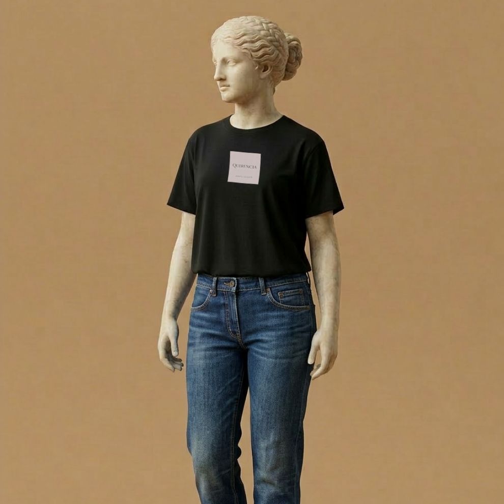 Statue wearing a black t-shirt with a pink label design with the word  'Querencia' and geographical coordinates  on a beige background