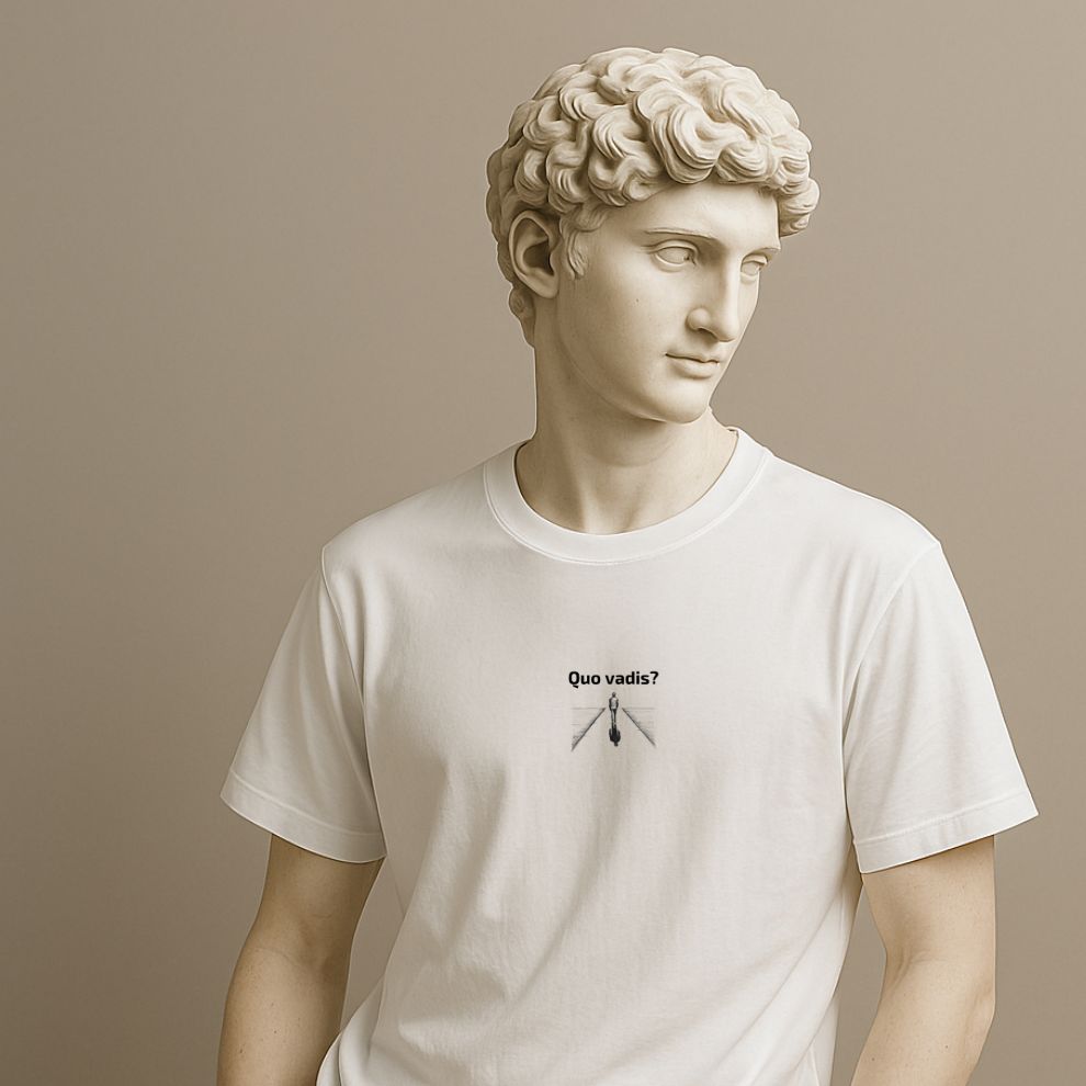 Statue wearing a white t-shirt with 'Quo vadis?' text and small graphic of a silhouette on a beige background