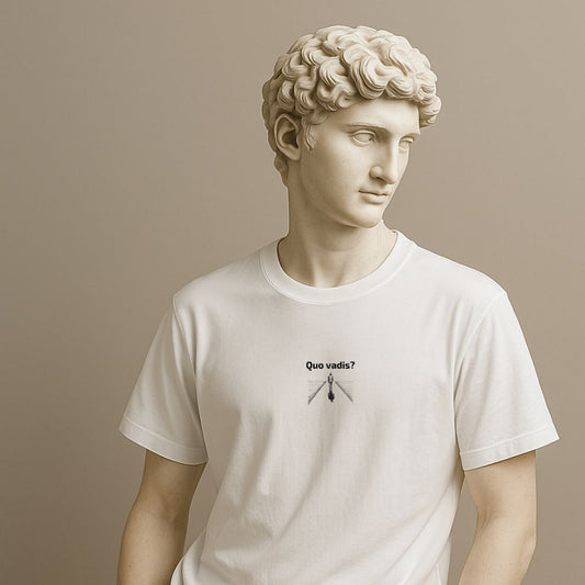Statue wearing a white t-shirt with 'Quo vadis?' text and small graphic of a silhouette on a beige background