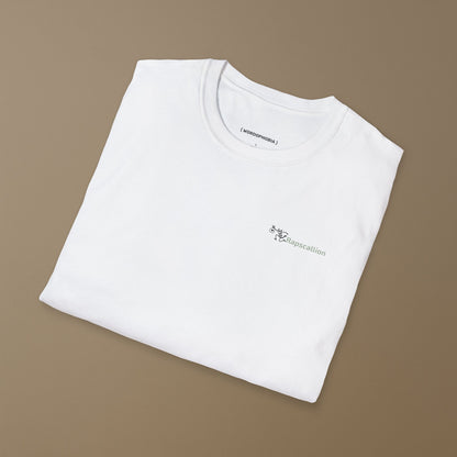 Folded white t-shirt with 'Rapscallion' word with a stylized character on a beige background