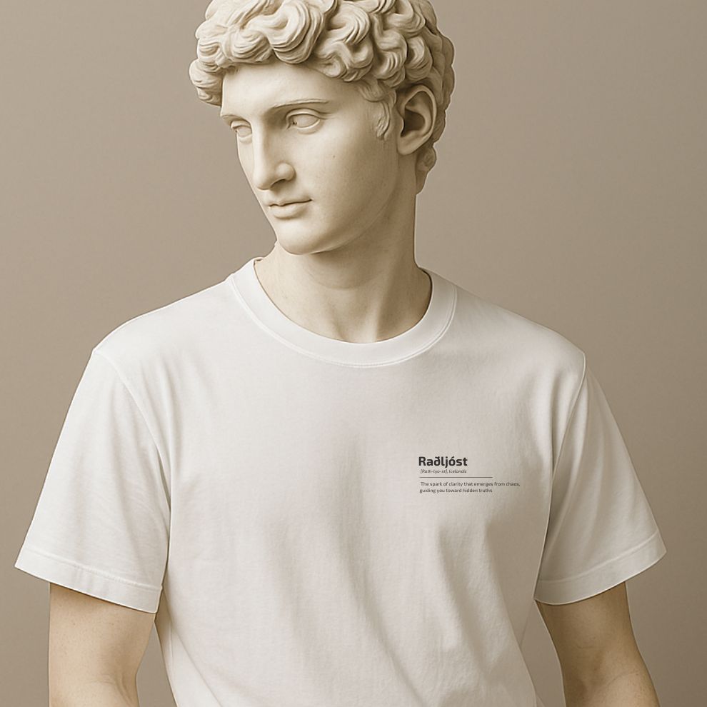 Statue wearing a white t-shirt with text on a beige background