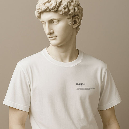 Statue wearing a white t-shirt with text on a beige background