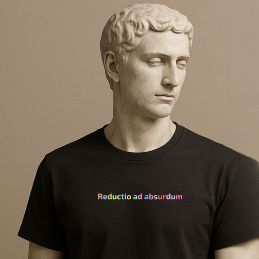 Unisex minimalist t-shirt “Reductio ad Absurdum”— the Latin way to say “your argument is nonsense” in soft black cotton on the statue
