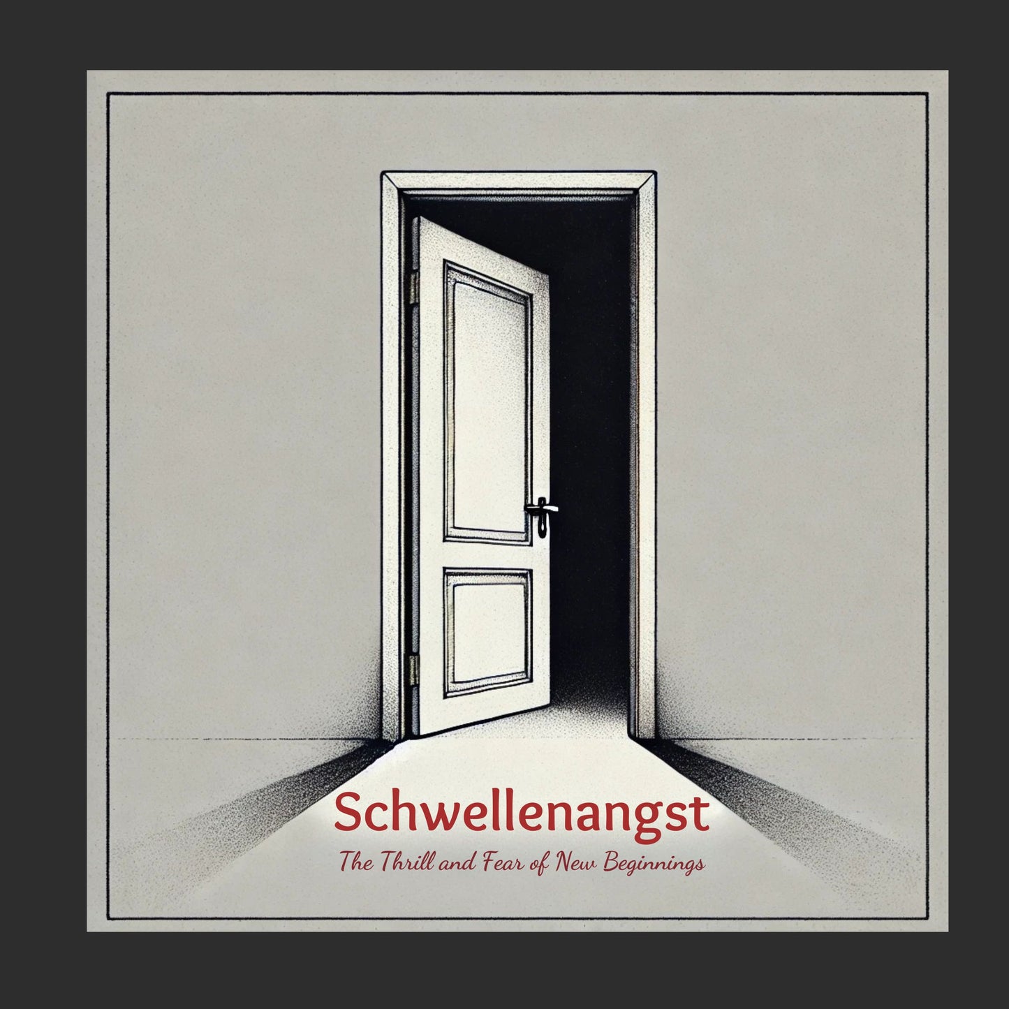 Enlarged design for a minimalist T-shirt with a door opening to a black room and the German word 'Schwellenangst' displayed. 