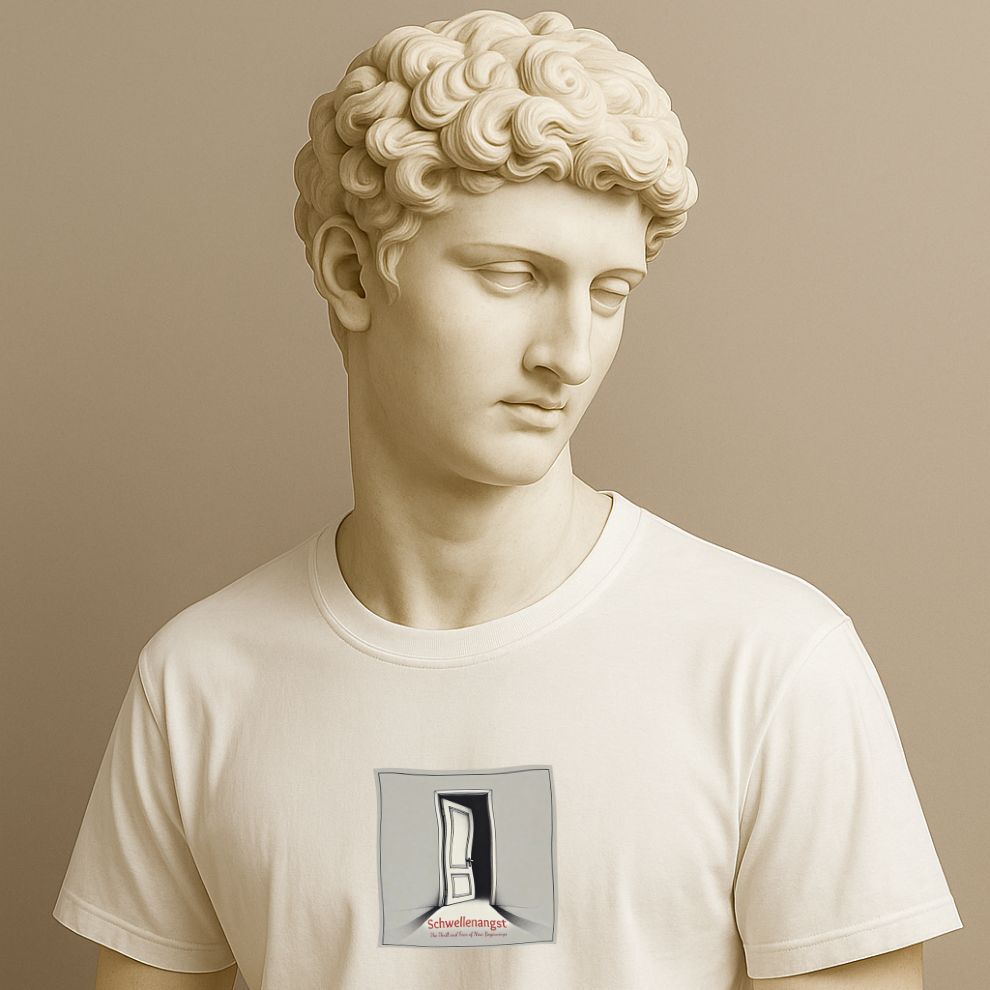 Statue wearing a minimalist white t-shirt with the German word “Schwellenangst,” meaning fear before a new beginning on a beige background