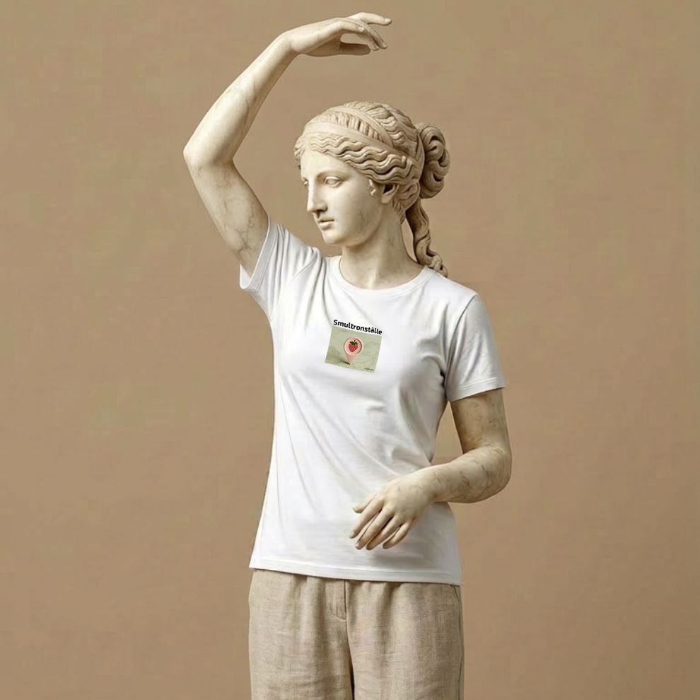 Statue wearing a white t-shirt with a graphic design with a map marker with strawberry design and text 'Smultronställe' on a light background, symbolizing a personal secret place and quiet comfort, on a beige background