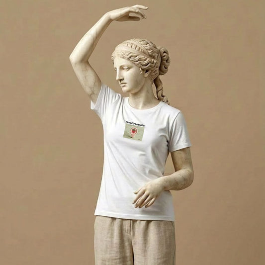 Statue wearing a white t-shirt with a graphic design with a map marker with strawberry design and text 'Smultronställe' on a light background, symbolizing a personal secret place and quiet comfort, on a beige background