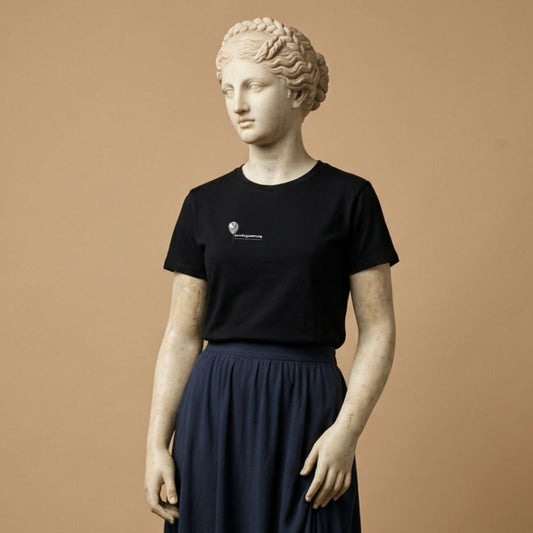 Statue wearing black t-shirt with graphic design of the word Sonntagsleerung, expressing quiet Sunday emptiness in a clean, calm design and small balloon