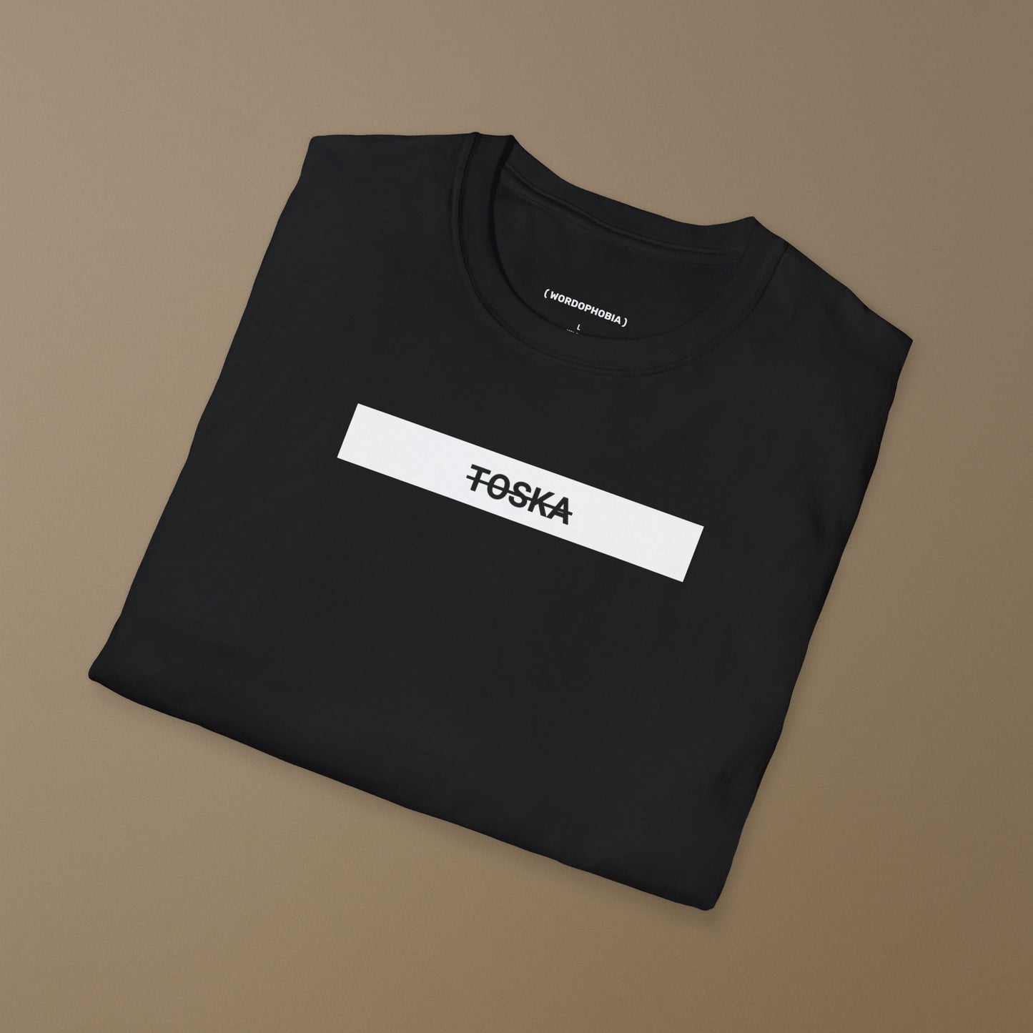 Unisex folded t-shirt with the rare word “Toska” in soft black cotton