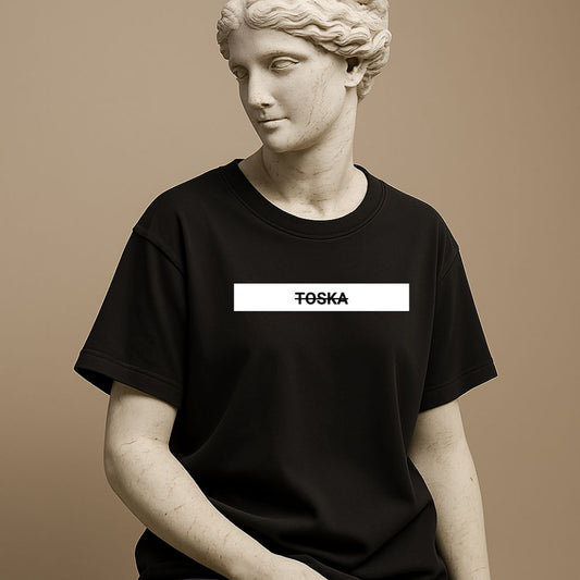 Unisex minimalist t-shirt with rare word “Toska” in soft black cotton on the statue