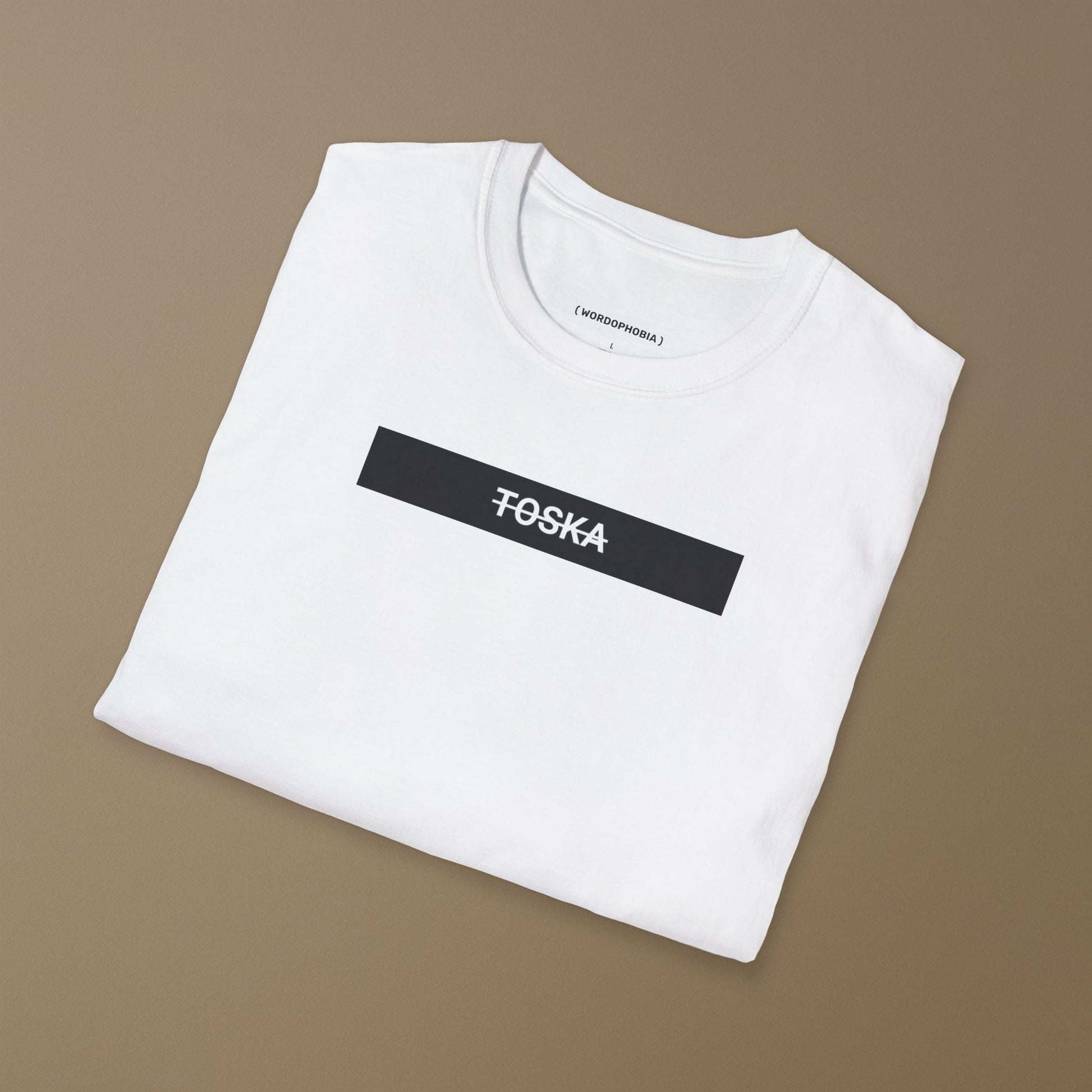 Unisex folded t-shirt with the rare word “Toska” in soft white cotton
