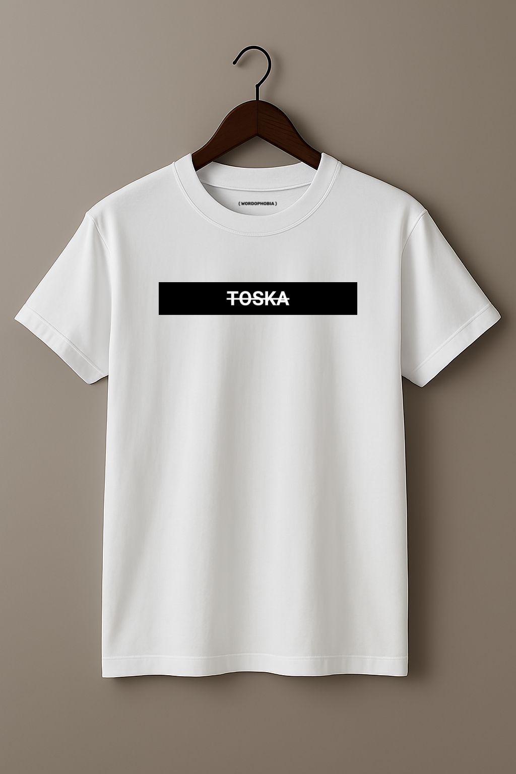 Mockup of unisex minimalist t-shirt with the rare word “Toska” in soft white cotton