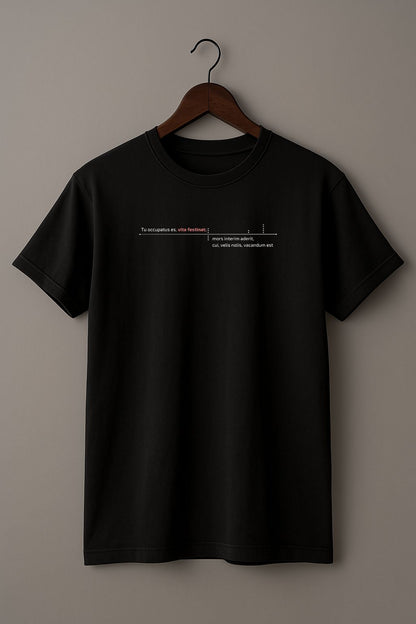 Black t-shirt with latin phrase " Tu occupatus es, vita festinat mors interm aderit" on a wooden hanger against a beige background