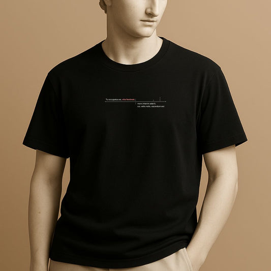 Statue in a black t-shirt with  Latin phrase "Tu occupatus es, vita festinat mors interm aderit"