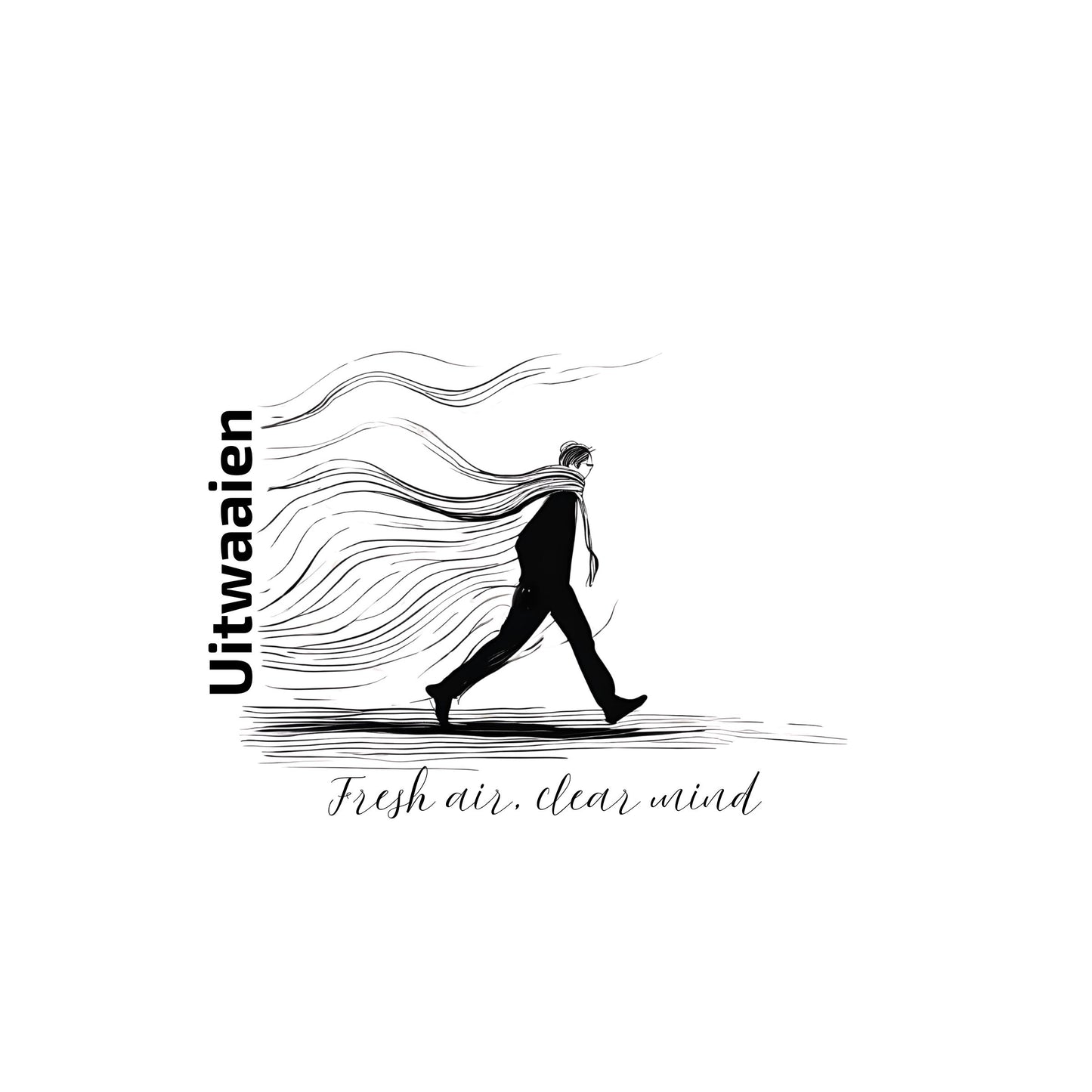 The Dutch word “Uitwaaien,” meaning “fresh air, clear mind,” with a small hand-drawn figure walking into the wind. Enlarged design for a minimalist T-shirt