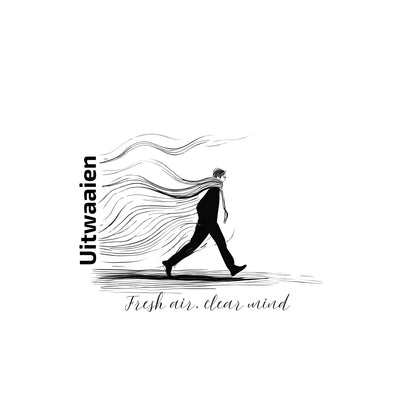 The Dutch word “Uitwaaien,” meaning “fresh air, clear mind,” with a small hand-drawn figure walking into the wind. Enlarged design for a minimalist T-shirt