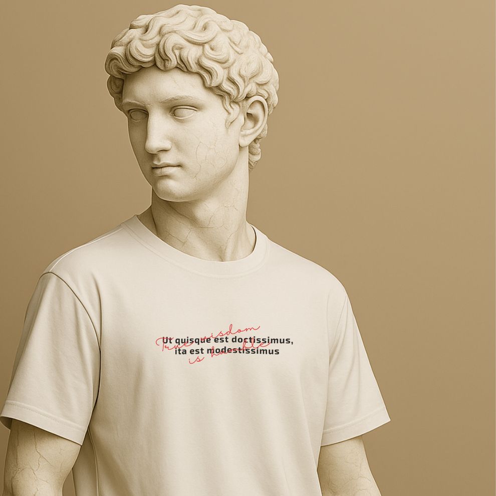 Minimalist white t-shirt with Latin phrase “Ut quisque est doctissimus, ita est modestissimus” in clean typography, wisdom-inspired design on the Roman statue