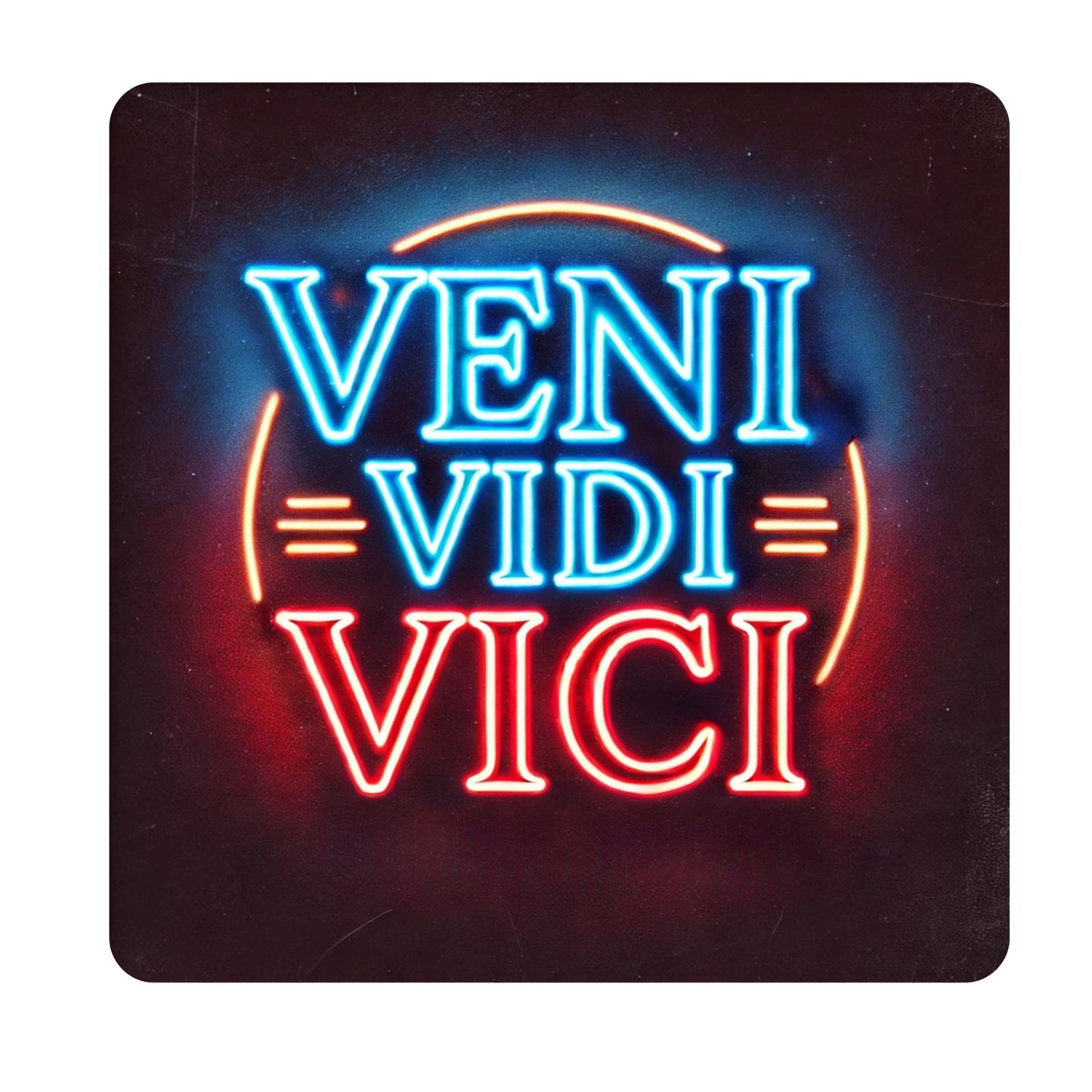 Neon sign with 'Veni Vidi Vici' text on a dark background. Enlarged design for a minimalist T-shirt